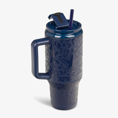 Angle View | NFL 32 Oz Leopard Flip ‘n’ Sip Travel Mug::Cowboys::Fits most cup holders