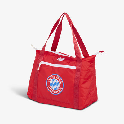 Angle View | FC Bayern München Packable Puffer 20-Can Cooler Bag::::Compressible design