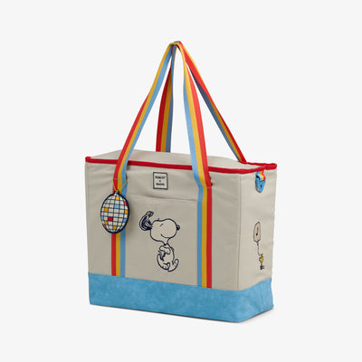 Angle View | Snoopy Disco Party Dual Compartment Tote Cooler Bag::::Detachable embroidered keychain
