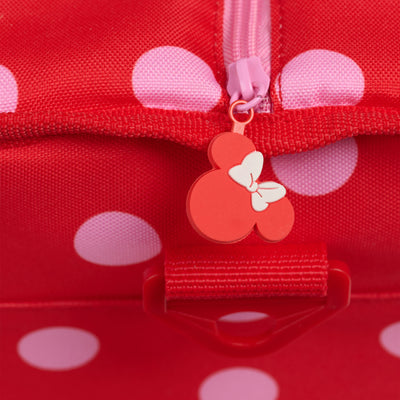 Zipper View | Disney Minnie Mouse Polka Dots Dual Compartment Tote Cooler Bag::::Minnie zipper pulls