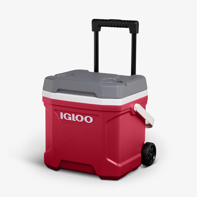 Angle View | Latitude 16 Qt Roller Cooler::Red::Cup holders
