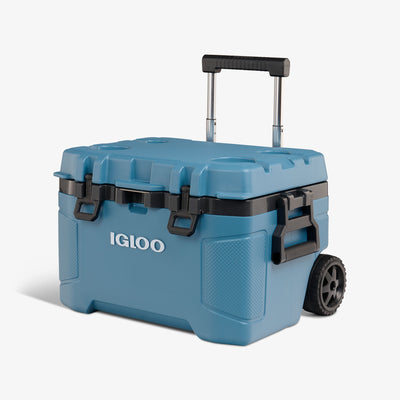 Angle View | Trailmate 52 Qt Roller Cooler::Modern Blue::Dual-sized cup holders