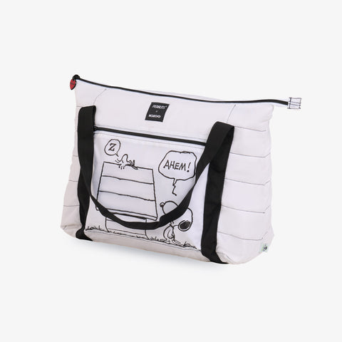 Angle View | Snoopy Packable Puffer 20-Can Cooler Bag::::Packs into front zip pocket