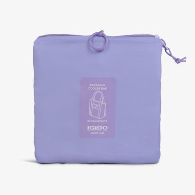 Packed View | Packable Puffer 20-Can Cooler Bag::Lilac::Packs into front zip pocket