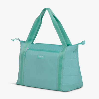 Angle View | Packable Puffer 20-Can Cooler Bag::Seafoam::Made with recycled fiber