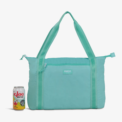 Size View | Packable Puffer 20-Can Cooler Bag::Seafoam::Included carabiner