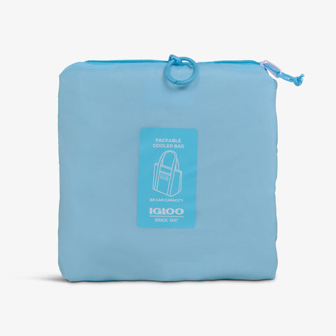 Packed View | Packable Puffer 20-Can Cooler Bag::Powder Blue::Packs into front zip pocket