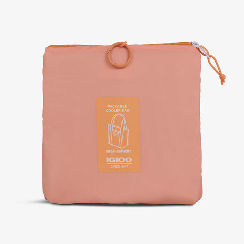 Packed View | Packable Puffer 20-Can Cooler Bag::Apricot::Packs into front zip pocket