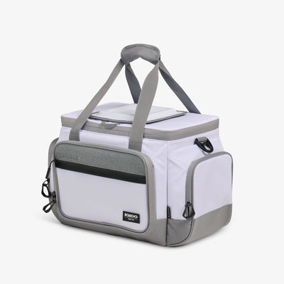 Angle View | Marine 30-Can Square Cooler Bag::::Touchscreen-compatible window  