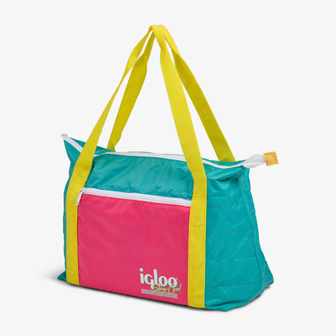 Angle View | Retro Packable Puffer 20-Can Cooler Bag::Jade::Compressible design