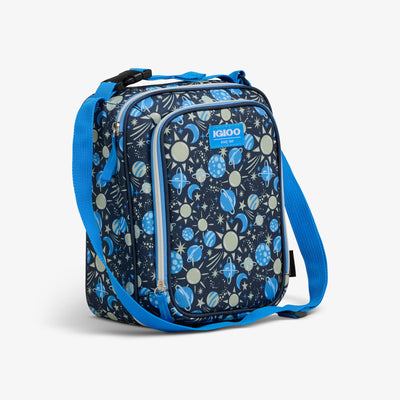 Angle View | Kids Lunch Glow Vertical Cooler + Bento Box::Cosmic Glow::Strap w/buckle