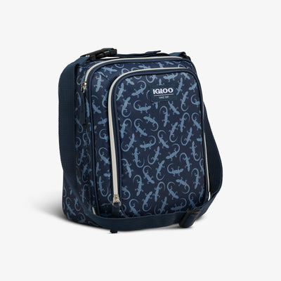 Angle View | Kids Lunch Glow Vertical Cooler + Bento Box::Lizard Glow::Strap w/buckle