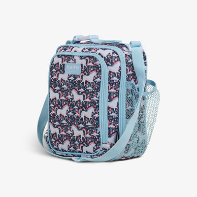 Angle View | Kids Lunch Vertical Cooler + Bento Box::Unicorns::Storage pockets