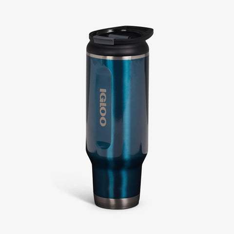 Angle View | 40 Oz Flip ‘n’ Sip Tumbler::Modern Blue::No-look-sip indicator