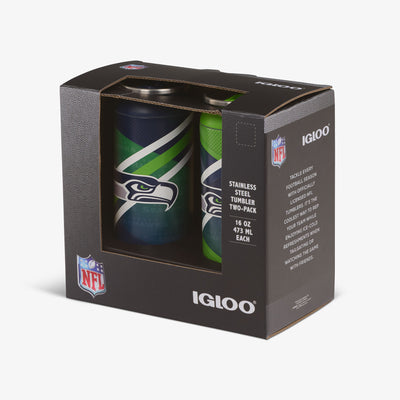 Packaging View Seattle Seahawks Home & Away 16 Oz Can 2-Pack::::Built-in coaster