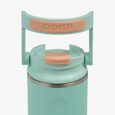 Close Up Lid View | 16 Oz Flip ‘n’ Sip Tumbler::Seafoam Green::Retention: Up to 24hrs cold / 4hrs hot*