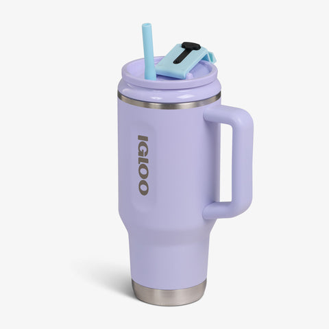 Angle View | 32 Oz Flip ‘n’ Sip Travel Mug::Lilac Breeze::Fits in standard cup holders