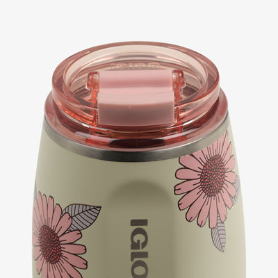 Lid Closed View | Floral 10 Oz Wine Tumbler::Linen::Leakproof Flip ‘n’ Sip lid