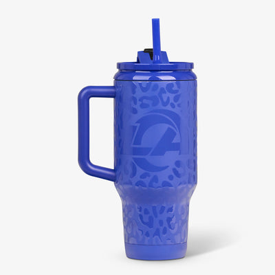 Front View | NFL 32 Oz Leopard Flip ‘n’ Sip Travel Mug::Rams::Glossy leopard print & team logo