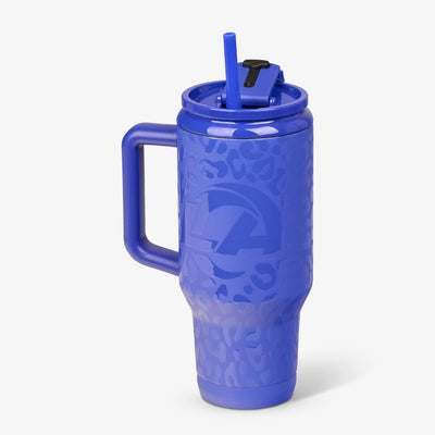 Angle View | NFL 32 Oz Leopard Flip ‘n’ Sip Travel Mug::Rams::Fits most cup holders
