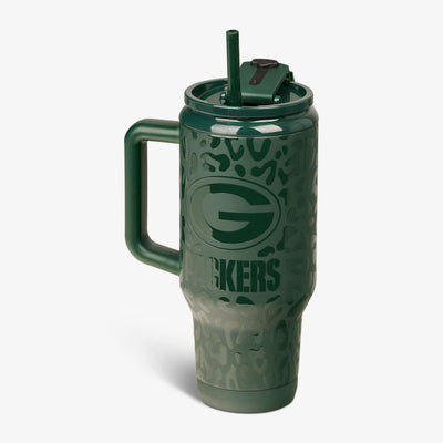 Angle View | NFL 32 Oz Leopard Flip ‘n’ Sip Travel Mug::Packers::Fits most cup holders