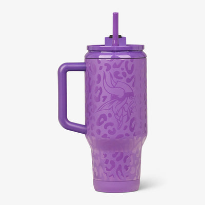 Front View | NFL 32 Oz Leopard Travel Mug::Vikings::Glossy leopard print & team logo
