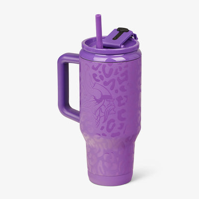 Angle View | NFL 32 Oz Leopard Flip ‘n’ Sip Travel Mug::Vikings::Fits most cup holders