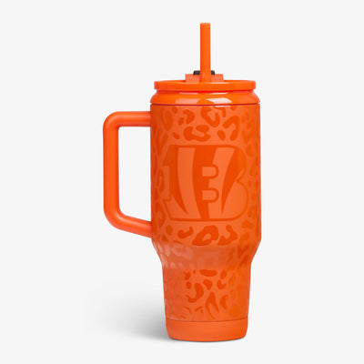 Front View | NFL 32 Oz Leopard Flip ‘n’ Sip Travel Mug::Bengals::Glossy leopard print & team logo