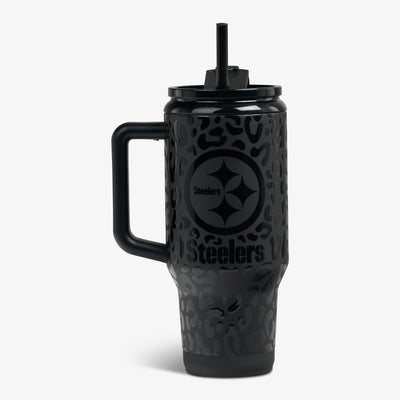 Front View | NFL 32 Oz Leopard Flip ‘n’ Sip Travel Mug::Steelers::Glossy leopard print & team logo