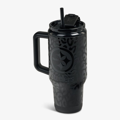Angle View | NFL 32 Oz Leopard Flip ‘n’ Sip Travel Mug::Steelers::Fits most cup holders