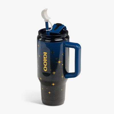 Angle View | 32 Oz Flip ‘n’ Sip Travel Mug::Midnight Blue::Fits in standard cup holders