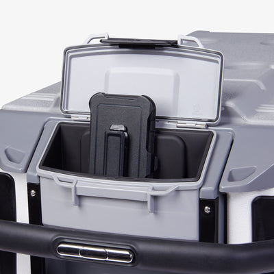 Storage View | Trailmate Journey 70 Qt Cooler::White/Black::Locking dry storage compartment