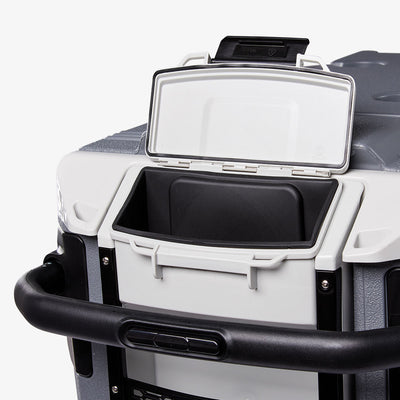 Storage View | Trailmate Journey 70 Qt Cooler::Gray/Black::Locking dry storage compartment