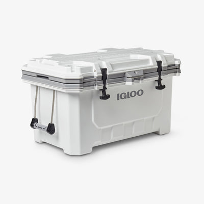 Angle View | IMX 70 Qt Cooler::White::Marine-grade rubberized latches