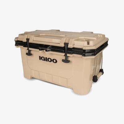 Angle View | IMX 70 Qt Cooler::Tan/Black::Steel-braided cable handles