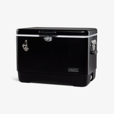 Angle View | Legacy Stainless Steel 54 Qt Cooler::Black::Secure & easy to carry