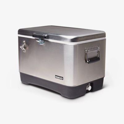 Angle View | Legacy 54 Qt Cooler::Old Stainless::Secure & easy to carry