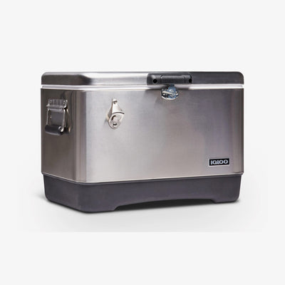Angle View | Legacy 54 Qt Cooler::Old Stainless::Built-in bottle opener