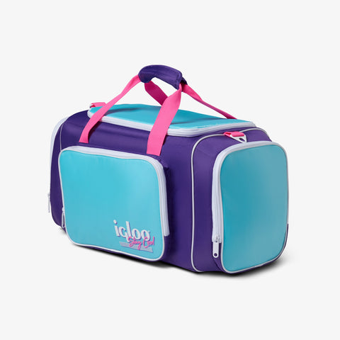 Angle View | Retro Duffel Bag Cooler::Purple::Large main compartment