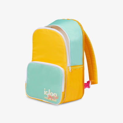 Angle View | Retro Backpack Cooler::Yellow::Holds up to 20 cans