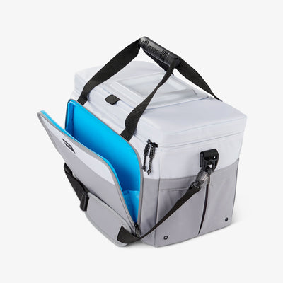 Front Pouch View | Seadrift Coast Cooler 36-Can Bag::White/Gray::Front storage pocket
