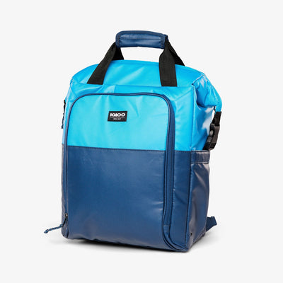 Angle View | Seadrift Switch 30-Can Backpack::Blue/Navy::Front storage pocket