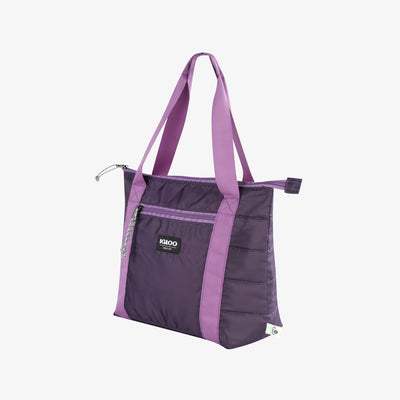 Angle View | Packable Puffer 10-Can Cooler Bag::Eggplant::Made from recycled water bottles