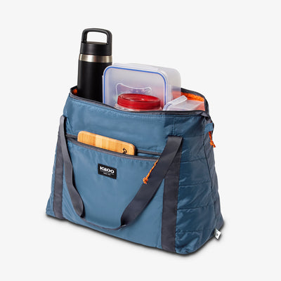 Open View | Packable Puffer 20-Can Cooler Bag::Denim::Up to 8 hours ice retention