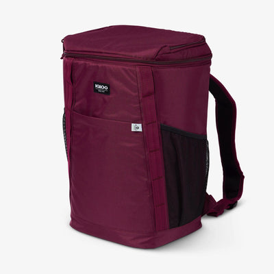 Angle View | Repreve 36-Can Backpack::Cherry::Zippered opening & top