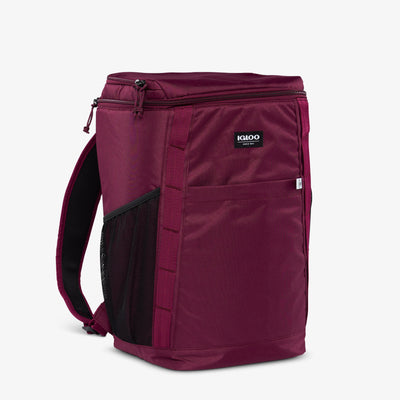 Angle View | Repreve 36-Can Backpack::Cherry::Hydration pocket per side
