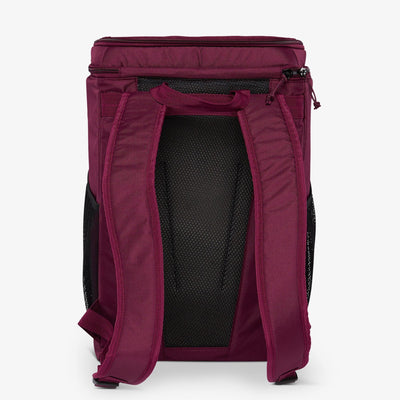 Back View | Repreve 36-Can Backpack::Cherry::Adjustable, padded shoulder straps
