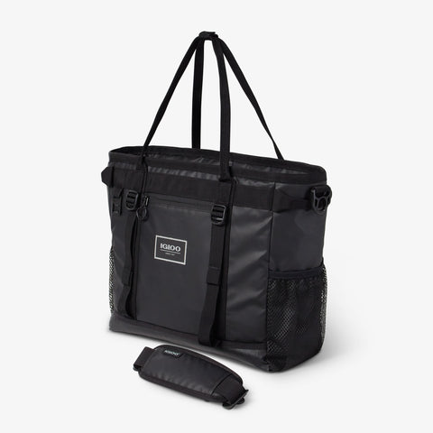 Angle View | Pursuit 30-Can Tote::Black::Lined front zipper pocket