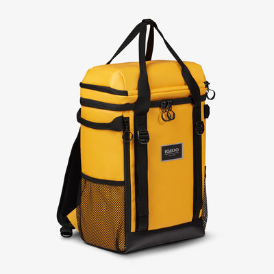 Angle View | Pursuit 24-Can Backpack::Yellow::Double zipper lid