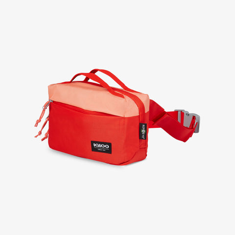 Angle View | FUNdamentals Hip Pack Cooler Bag::Fresh Salmon/Fiesta::Dual grab handles